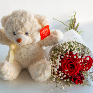 teddy bear, flower bouquet, roses, red