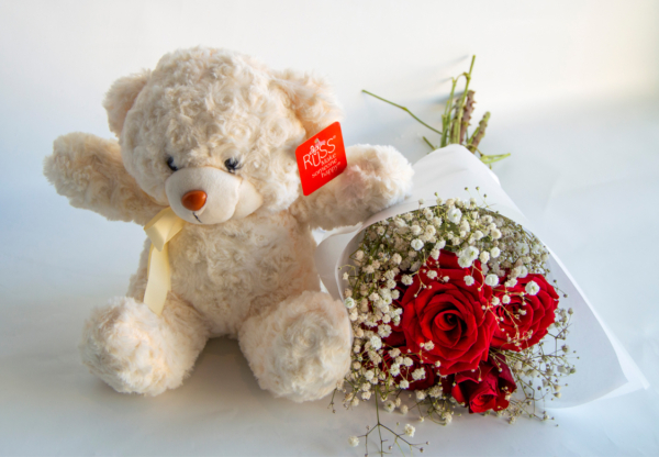 teddy bear, flower bouquet, roses, red